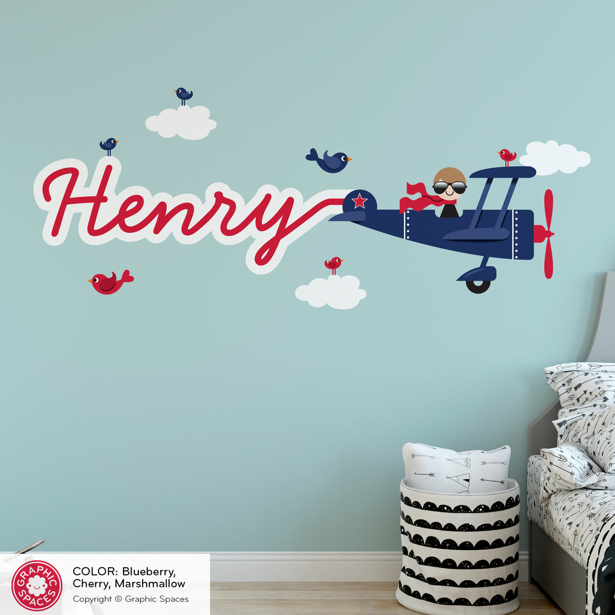 Airplane Boy Skywriter Name Nursery Fabric Wall Decal