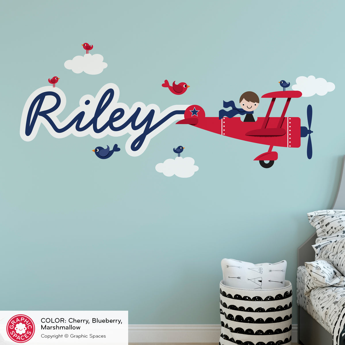 Airplane Boy Skywriter Name Nursery Fabric Wall Decal