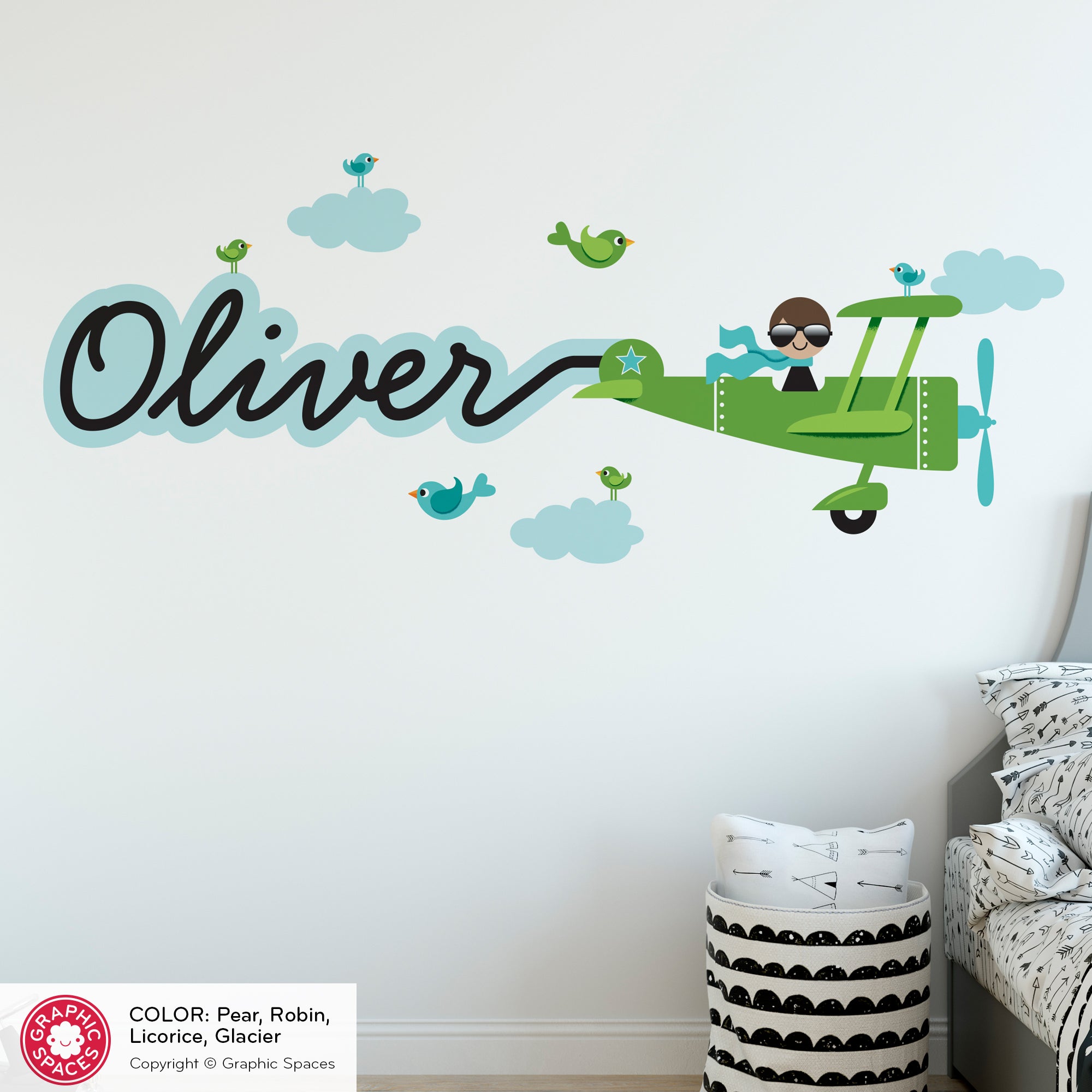 Airplane Boy Skywriter Name Nursery Fabric Wall Decal - Reusable