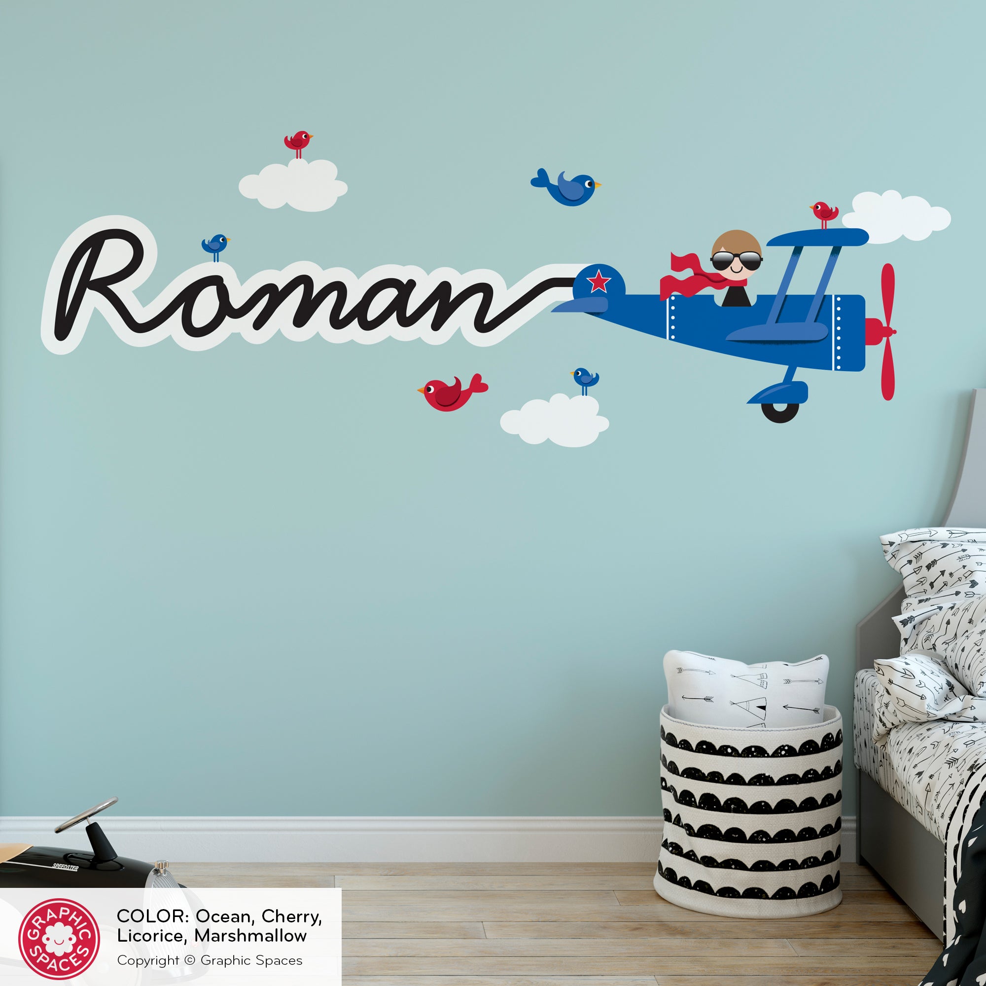 Airplane Boy Skywriter Name Nursery Fabric Wall Decal - Reusable