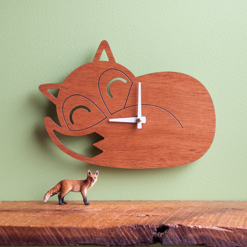 Kids Wall Clock - Sleeping Fox (Wood) Bamboo - White Hands - Wall view - Family Made in TN, USA - Graphic Spaces