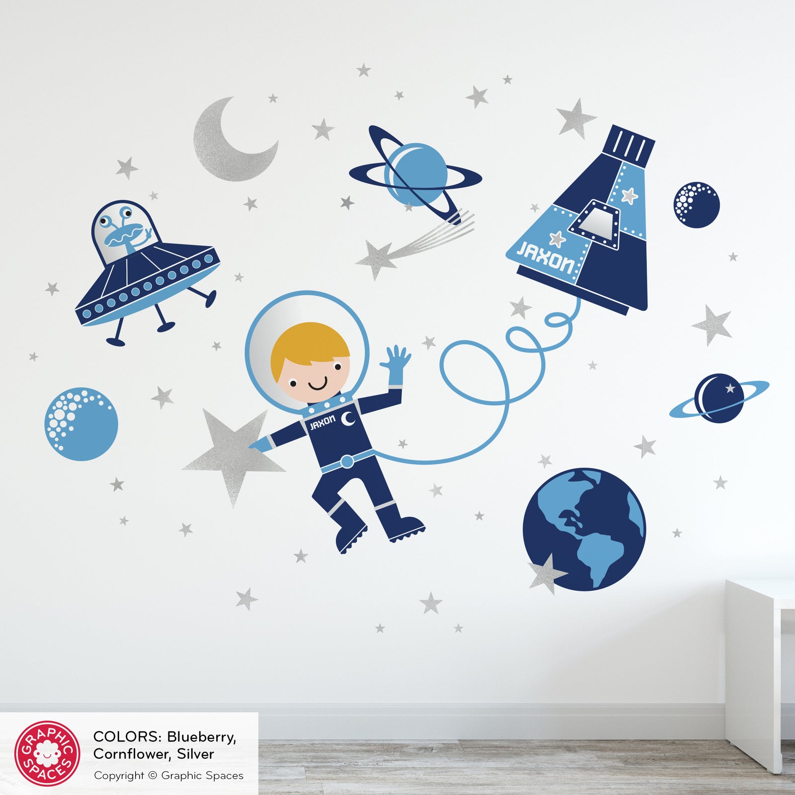 Kids Wall Decal - Astronaut Space Walk (Personalized, Boy) - Graphic Spaces