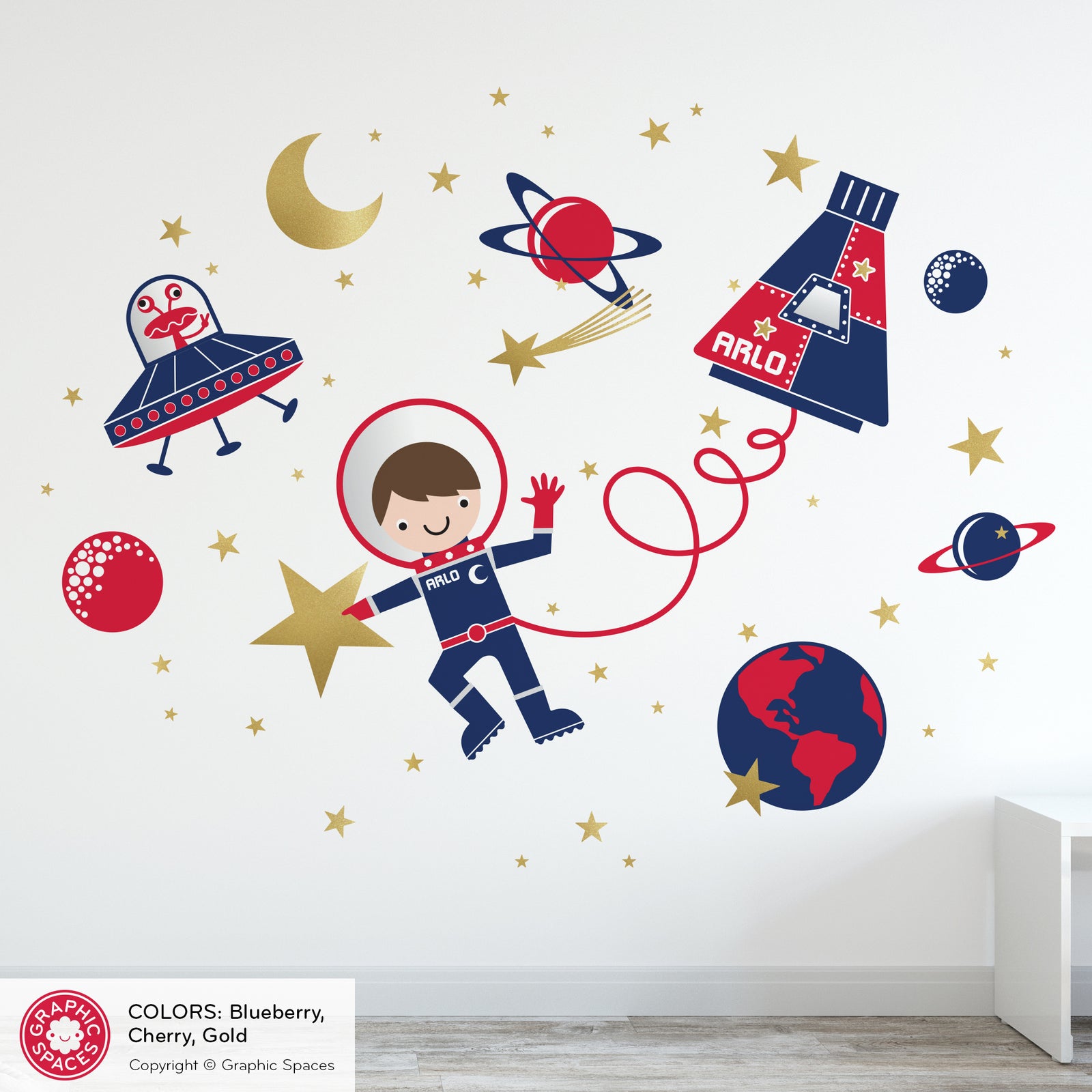 Kids Wall Decal - Astronaut Space Walk (Personalized, Boy) - Graphic Spaces