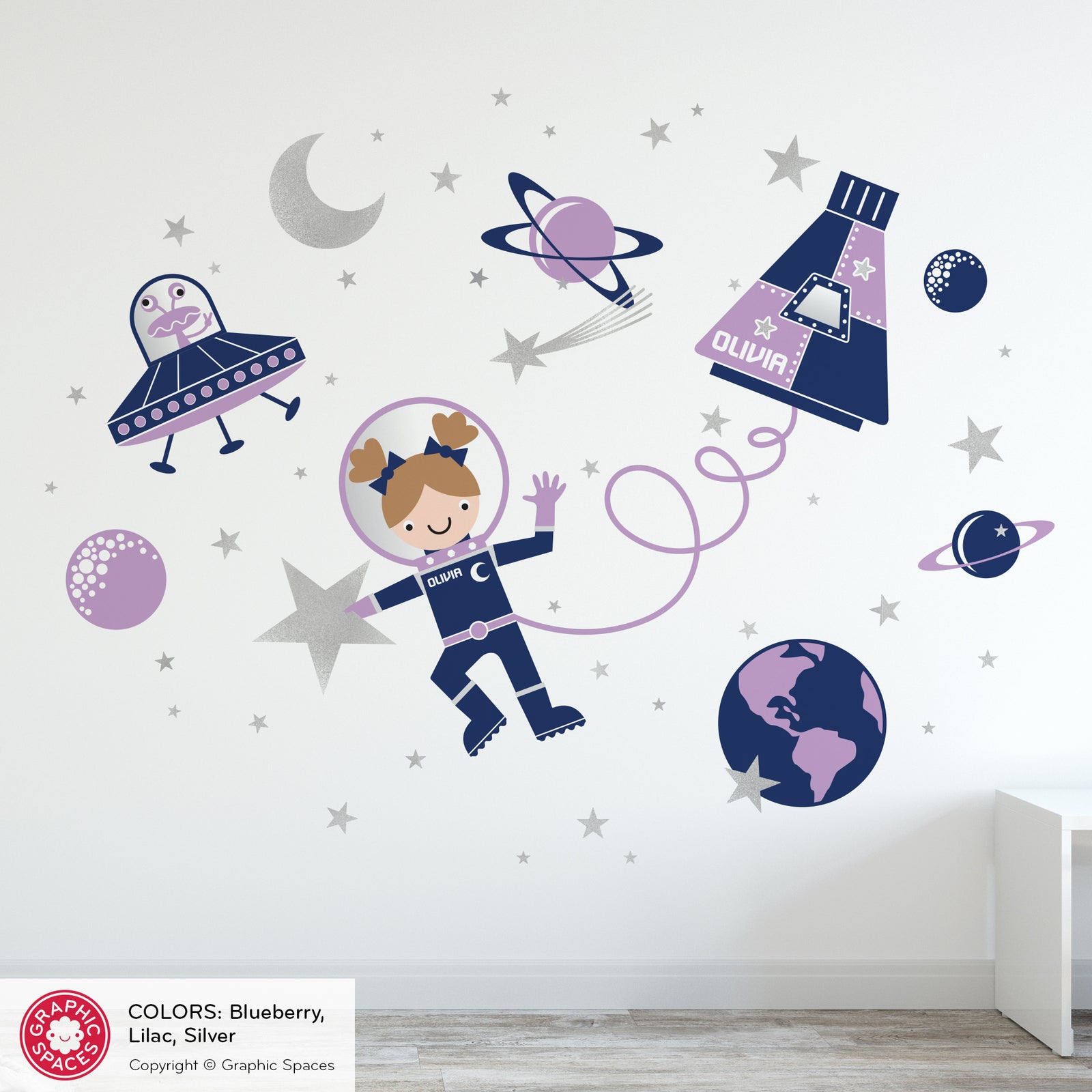Girl Wall Decal - Astronaut Space Walk (Personalized, Girl) - Graphic Spaces