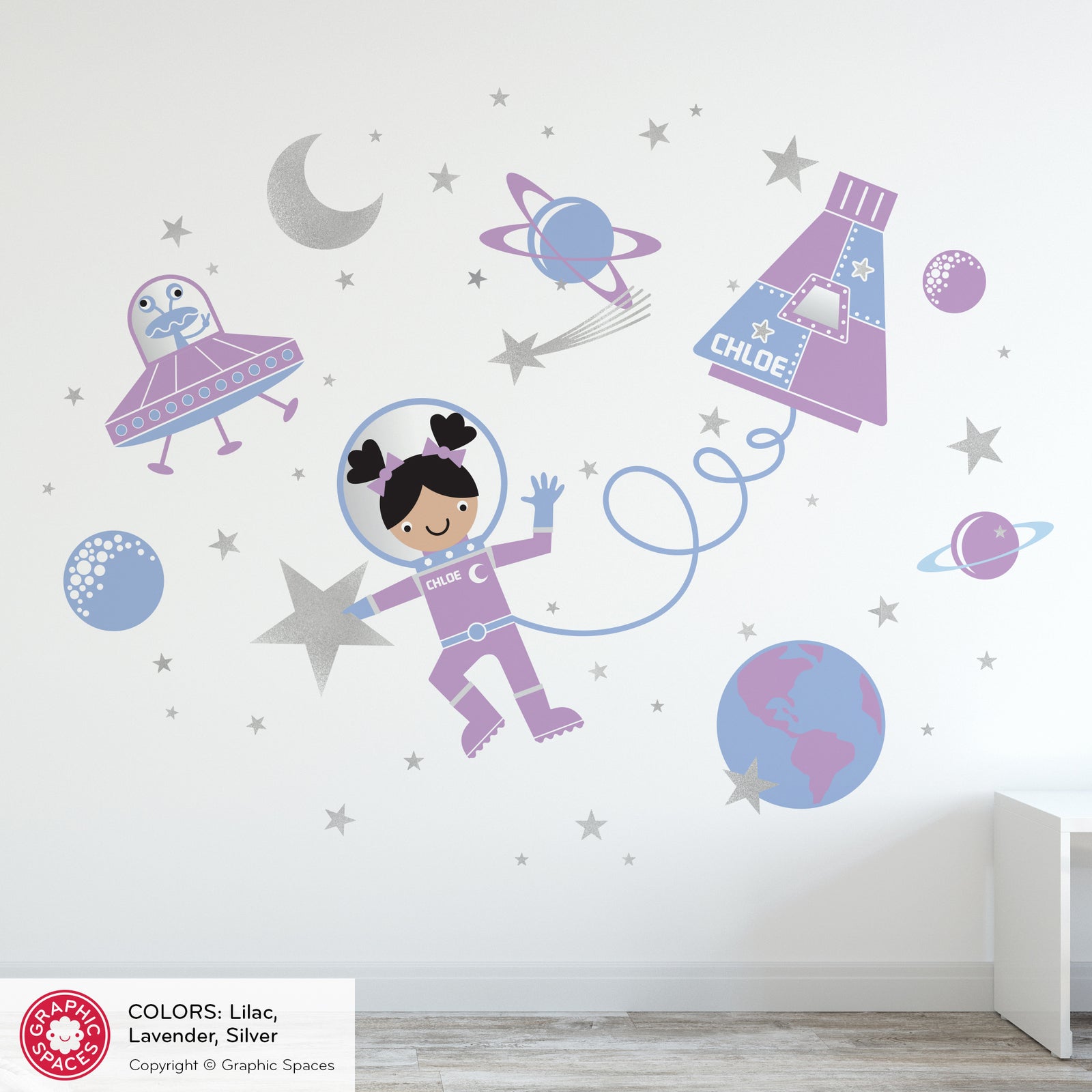 Girl Wall Decal - Astronaut Space Walk (Personalized, Girl) - Graphic Spaces