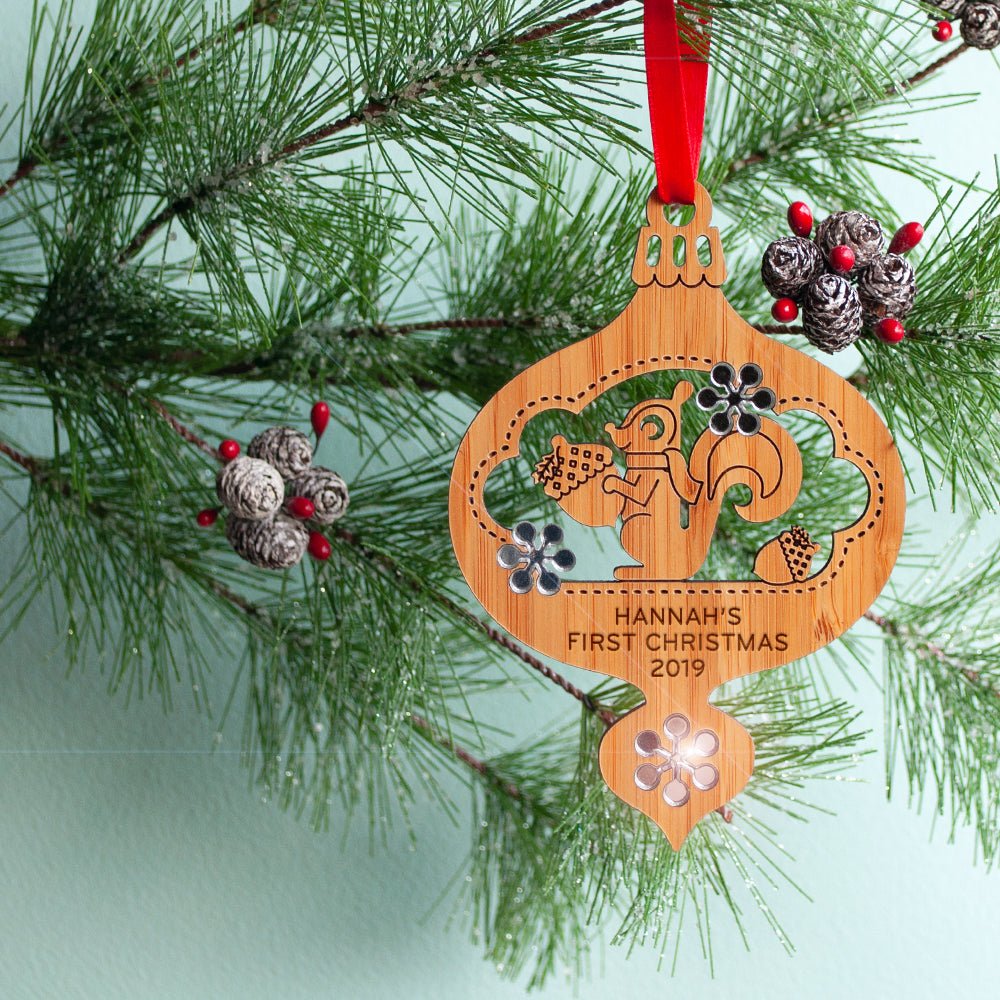 Baby's First Christmas Ornament - Squirrel (Personalized, Bamboo) - Graphic Spaces