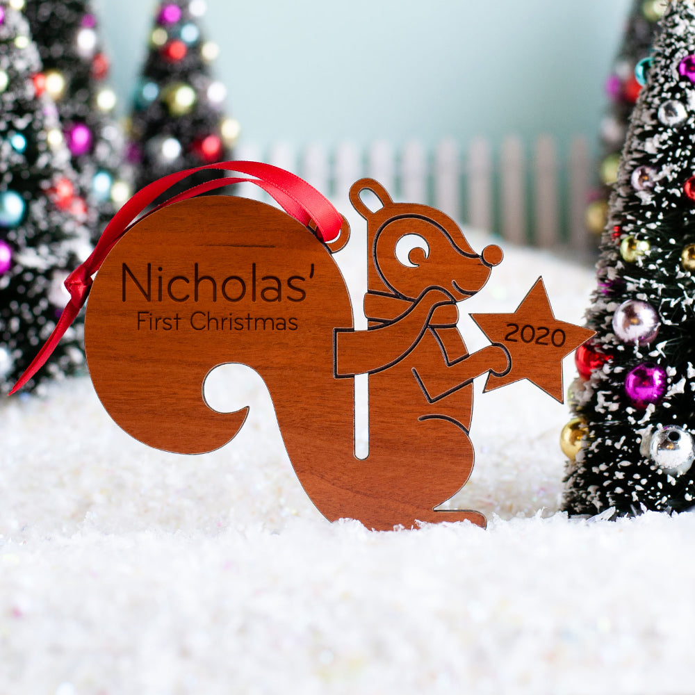 Squirrel Wooden Christmas Ornament - Personalized