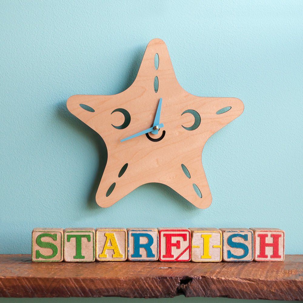 Wall Clock - Starfish (Wood) Light Maple - Blue Hands - Graphic Spaces