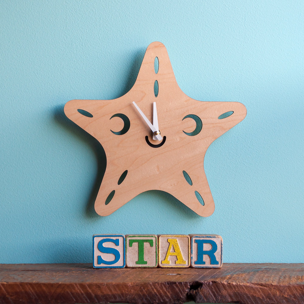 Wooden Starfish Nursery Wall Clock, White Hands.