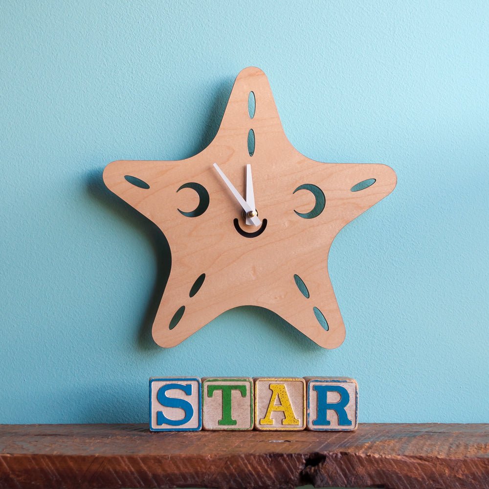 Wall Clock - Starfish (Wood) Light Maple - Blue Hands - Graphic Spaces