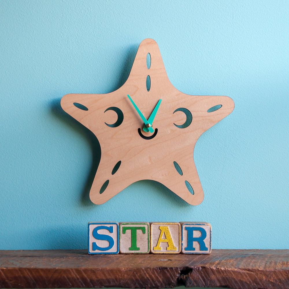 Wooden Starfish Nursery Wall Clock, Green Hands.