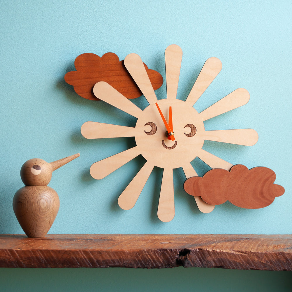 Wooden Sun Nursery Wall Clock, Pumpkin Hands.