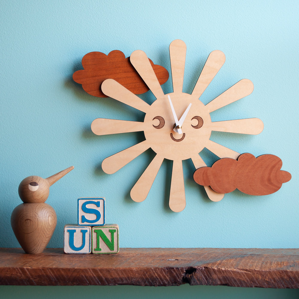 Wooden Sun Nursery Wall Clock, Pumpkin Hands.