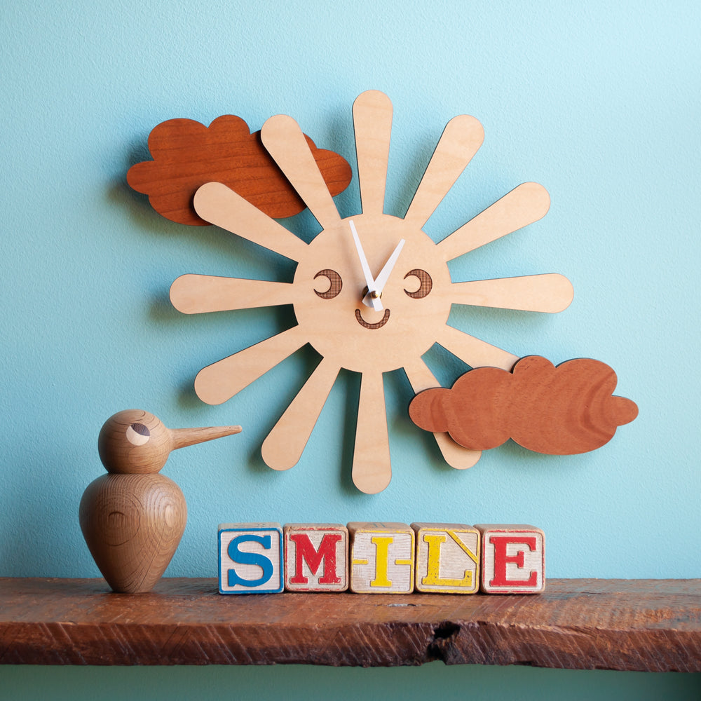 Wooden Sun Nursery Wall Clock, White Hands.