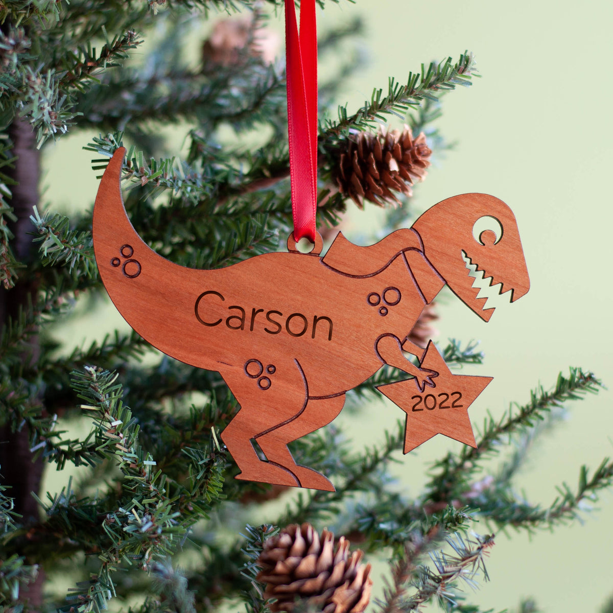 T-Rex Wooden Christmas Ornament - Personalized