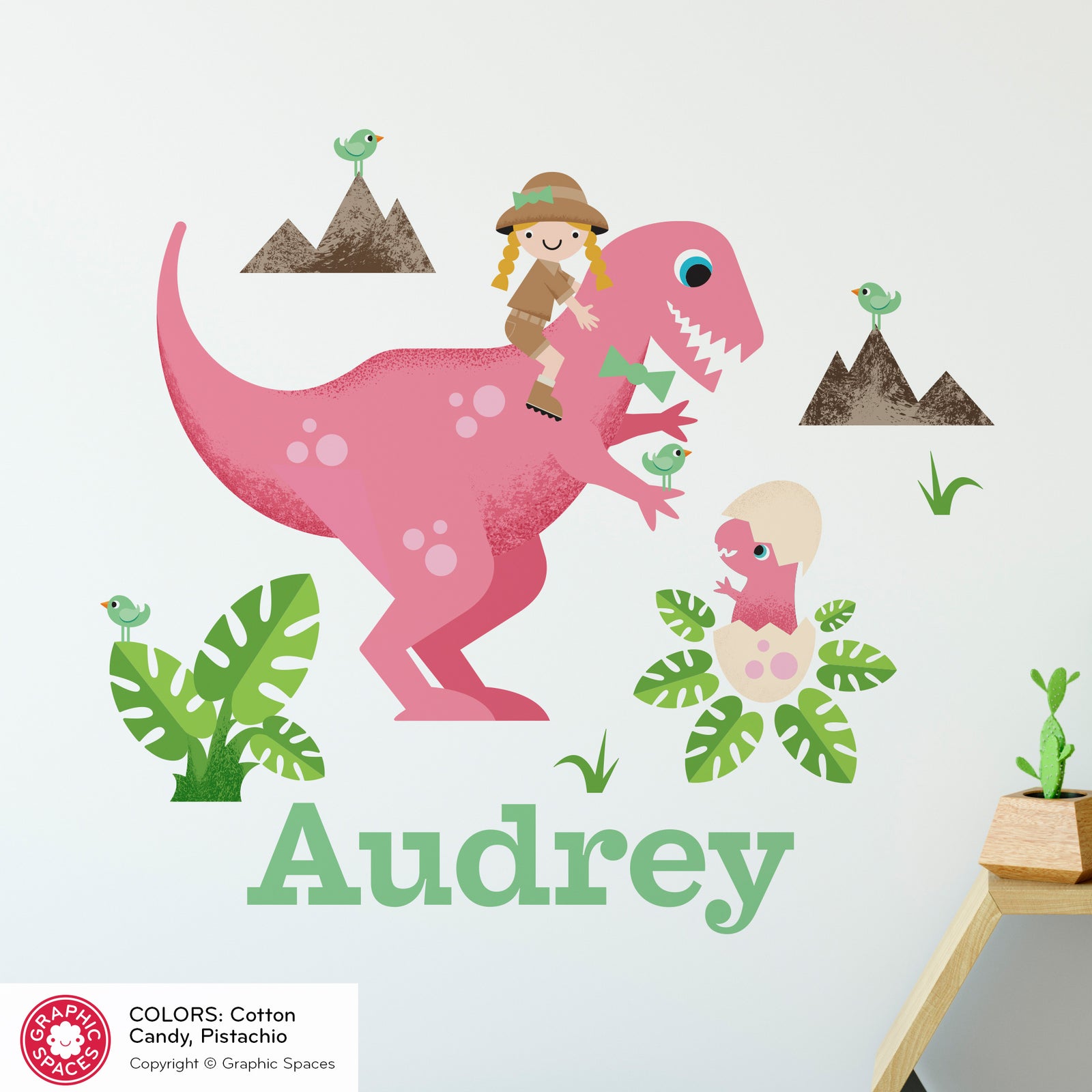 Kids Wall Decal - T-Rex Dinosaur (Personalized, Girl) - Graphic Spaces