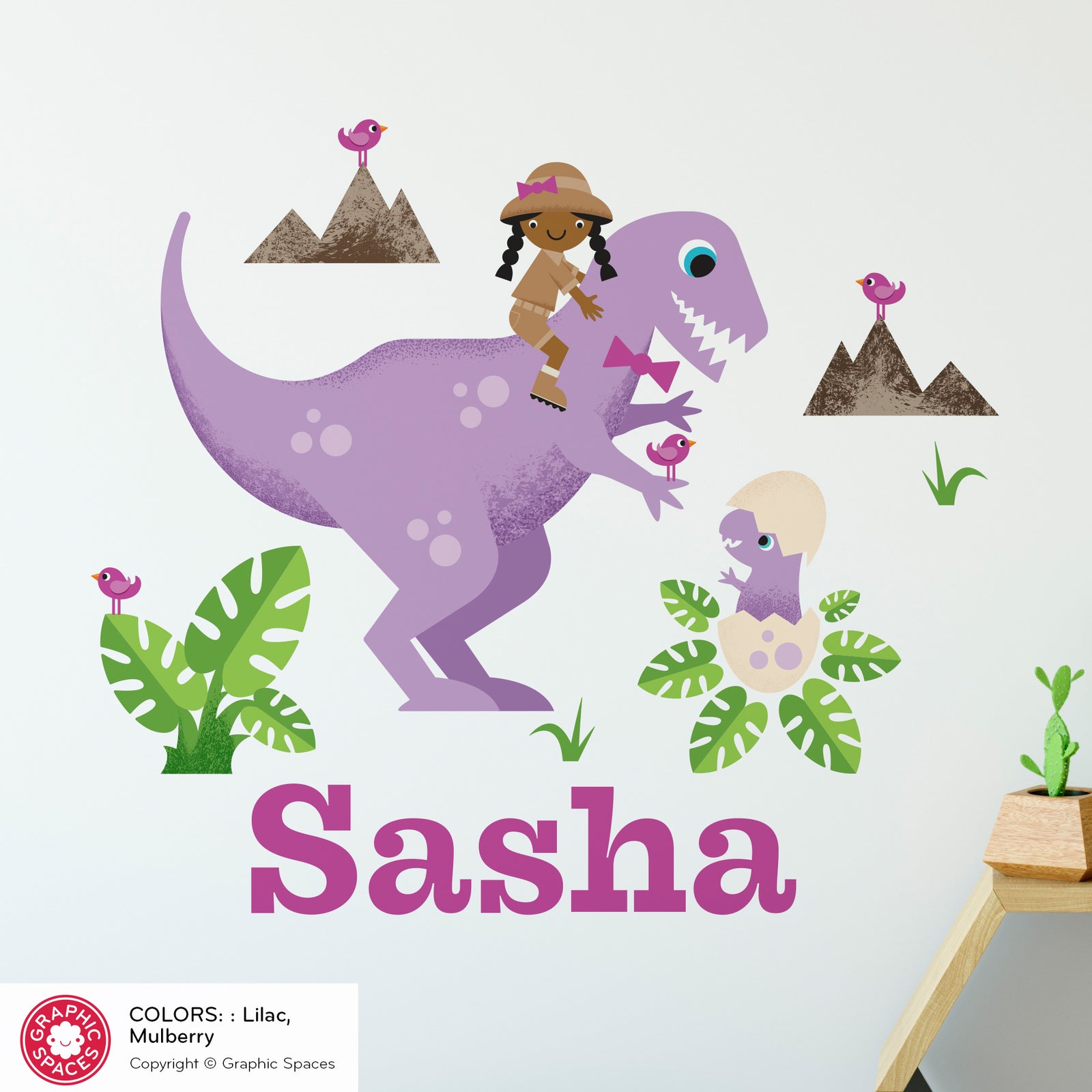 Kids Wall Decal - T-Rex Dinosaur (Personalized, Girl) - Graphic Spaces