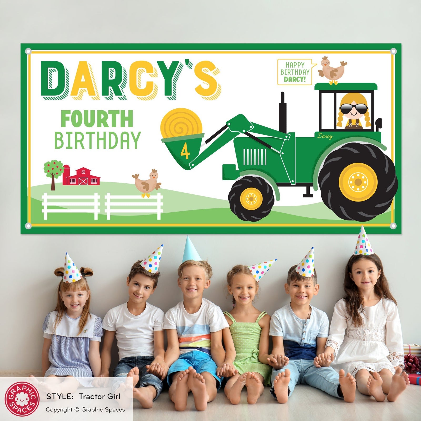 Kids Banner - Tractor Birthday Party (Personalized, Girl) - Graphic Spaces