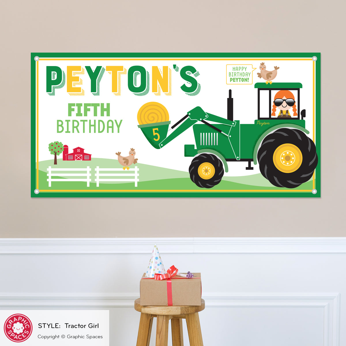 Tractor Girl Birthday Party Banner, Personalized