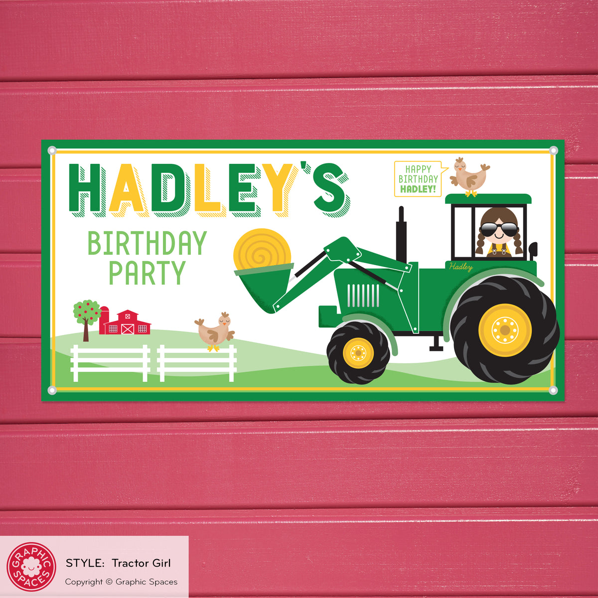 Tractor Girl Birthday Party Banner, Personalized