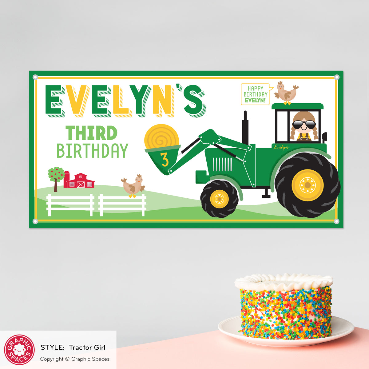 Tractor Girl Birthday Party Banner, Personalized