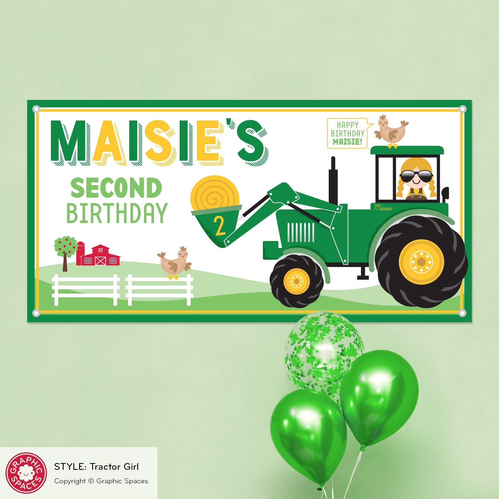 Kids Banner - Tractor Birthday Party (Personalized, Girl) - Graphic Spaces