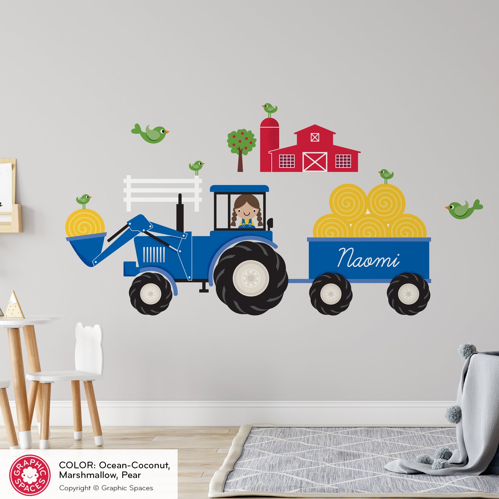 Kids Wall Decal - Green Tractor (Personalized, Girl) - Graphic Spaces