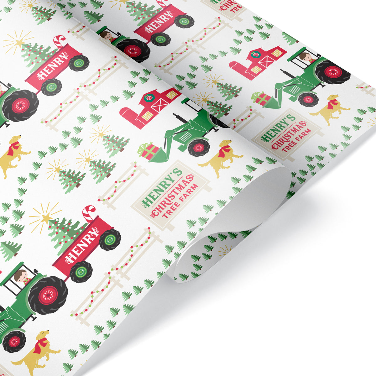 Tractor Christmas Tree Farm Personalized Wrapping Paper - BOY