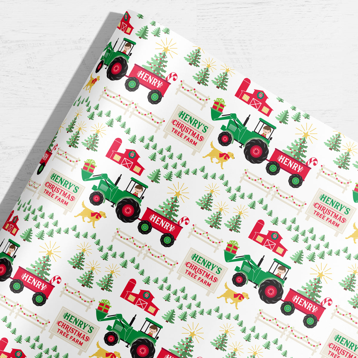 Tractor Christmas Tree Farm Personalized Wrapping Paper - BOY