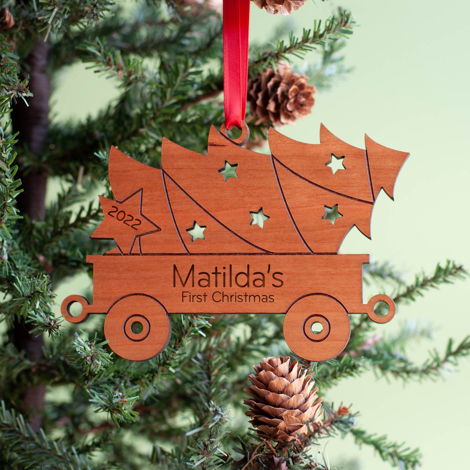 Kids Christmas Ornament - Tractor Tree Wagon (Personalized, Wood) Light Maple - Graphic Spaces