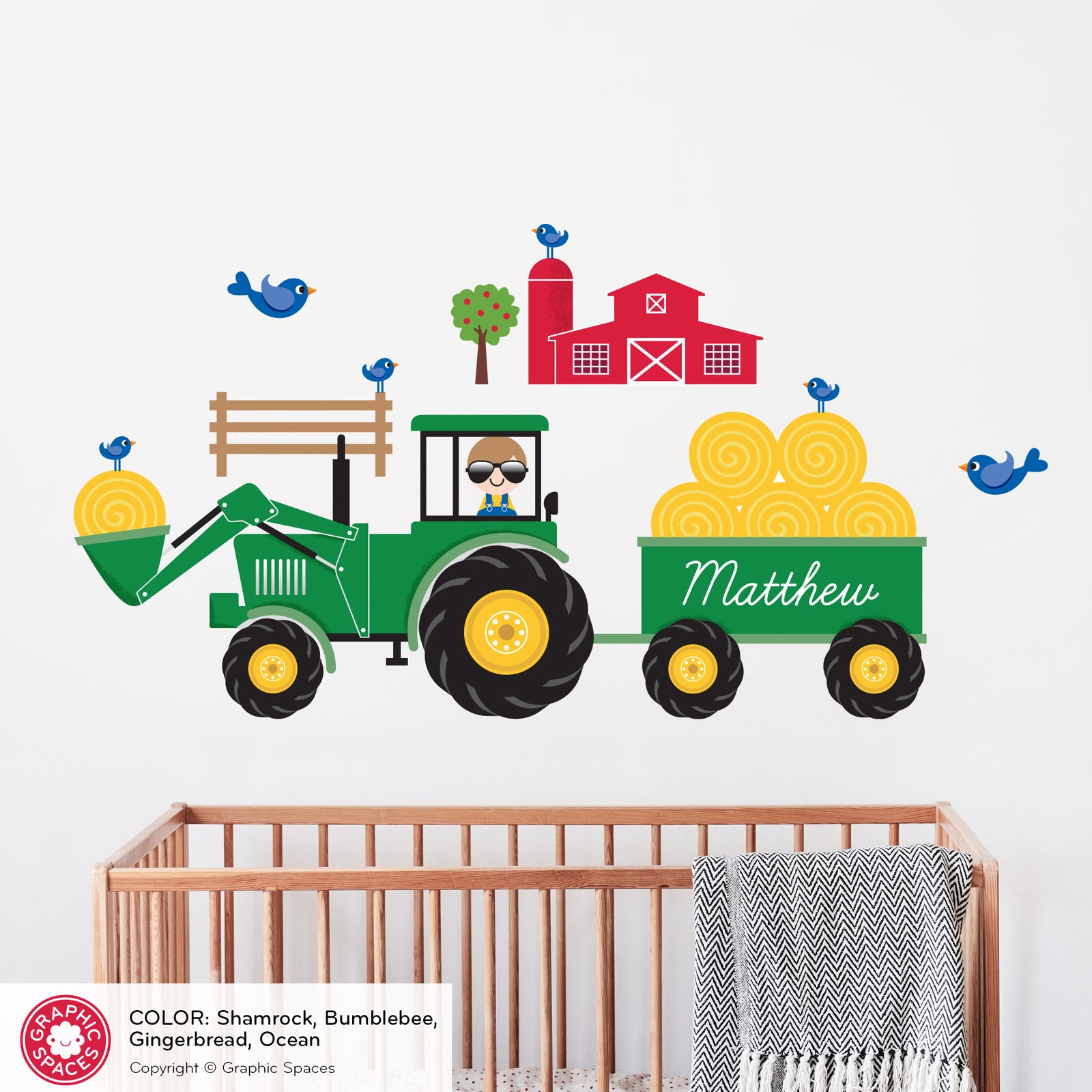 Kids Wall Decal - Green Tractor (Personalized, Boy) - Graphic Spaces