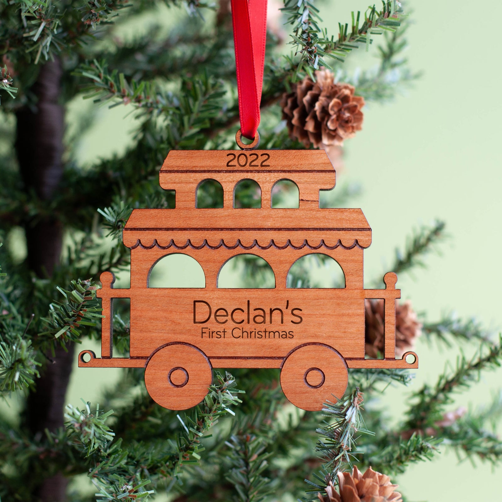 Kids Christmas Ornament - Train Caboose (Personalized, Wood) Light Maple - Graphic Spaces