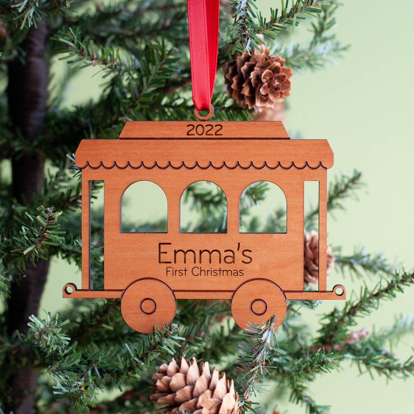 Kids Christmas Ornament - Train Coach Car (Personalized, Wood) Light Maple - Graphic Spaces