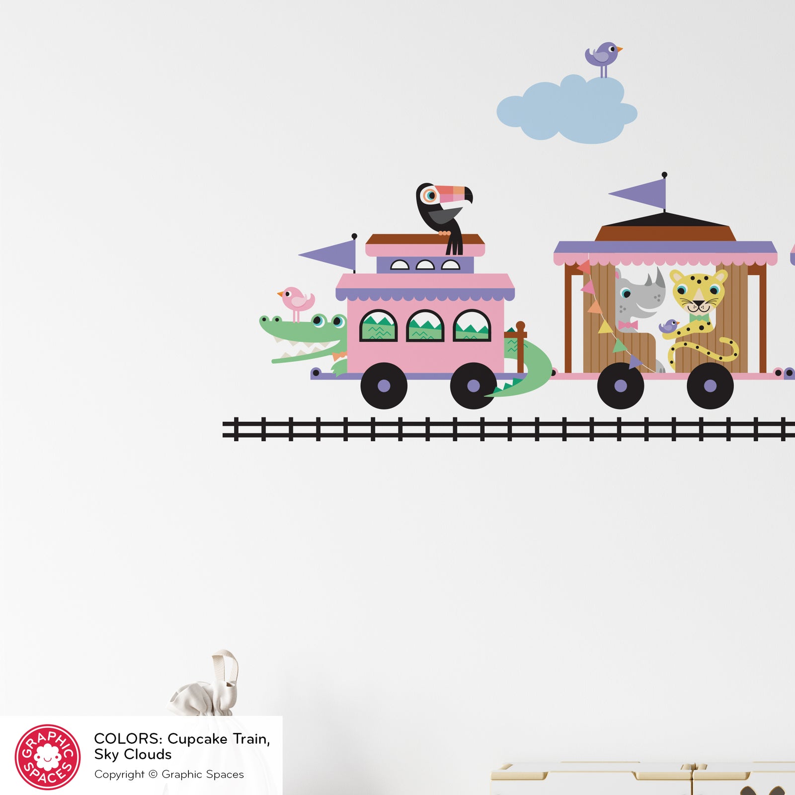 Kids Wall Decal - Safari Animal Train (Personalized, Girl) - Cupcake Train - Graphic Spaces