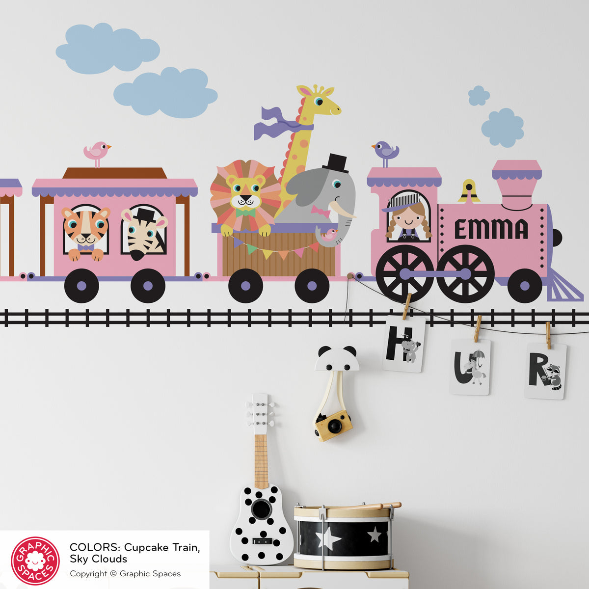 Safari Animal Train Fabric Wall Decal, Personalized - GIRL