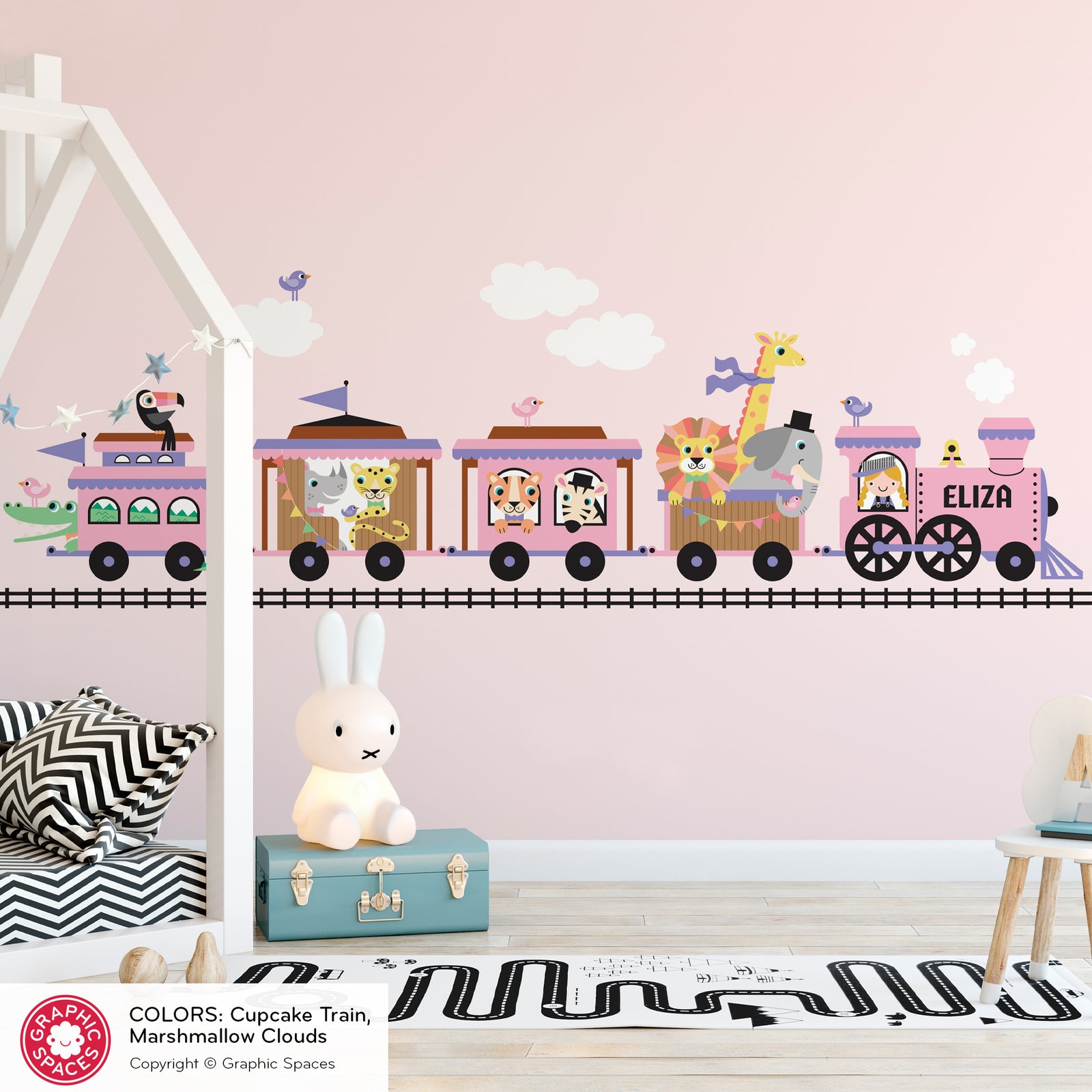 Kids Wall Decal - Safari Animal Train (Personalized, Girl) - Cupcake Train - Graphic Spaces