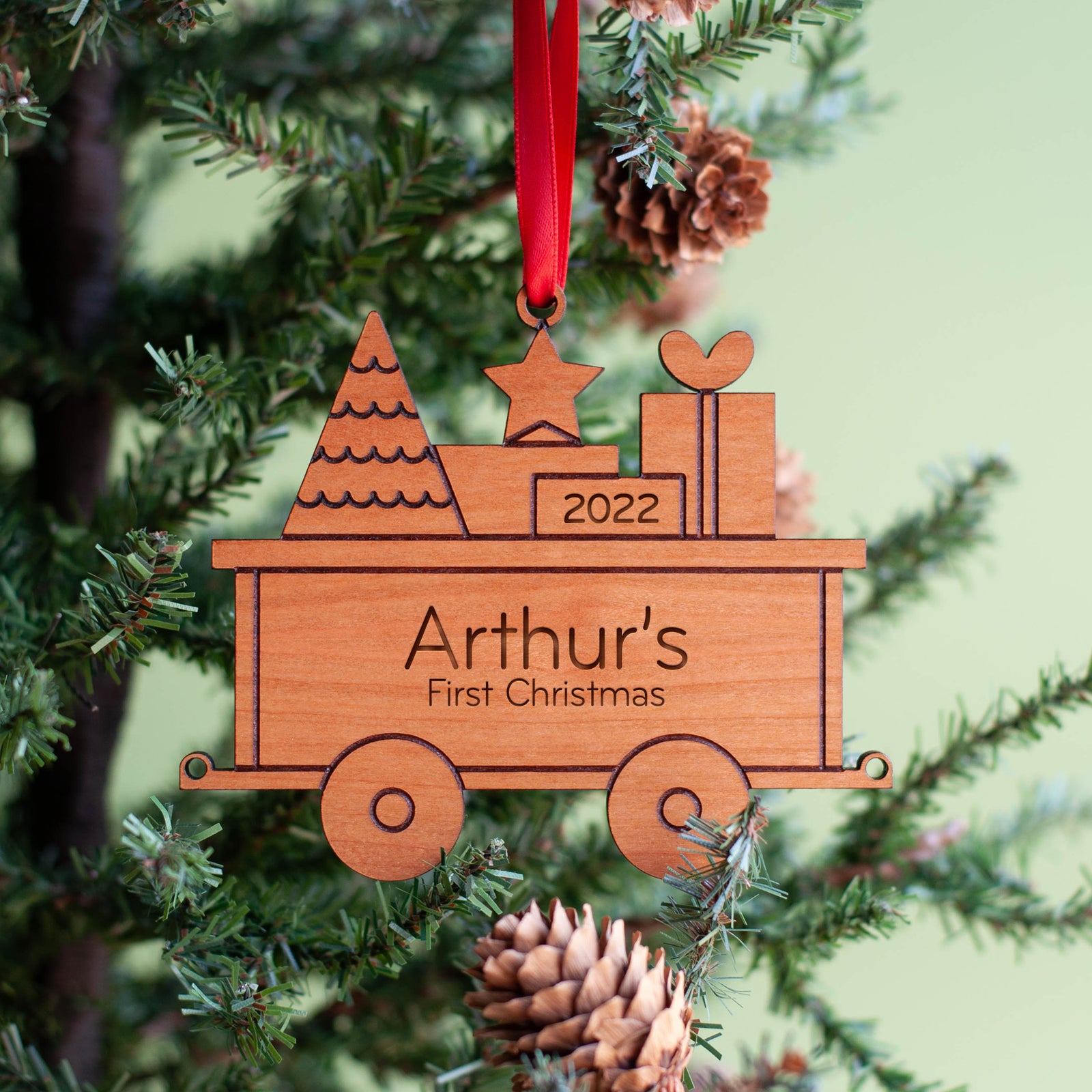 Kids Christmas Ornament - Train Package Car (Personalized, Wood) Light Maple - Graphic Spaces