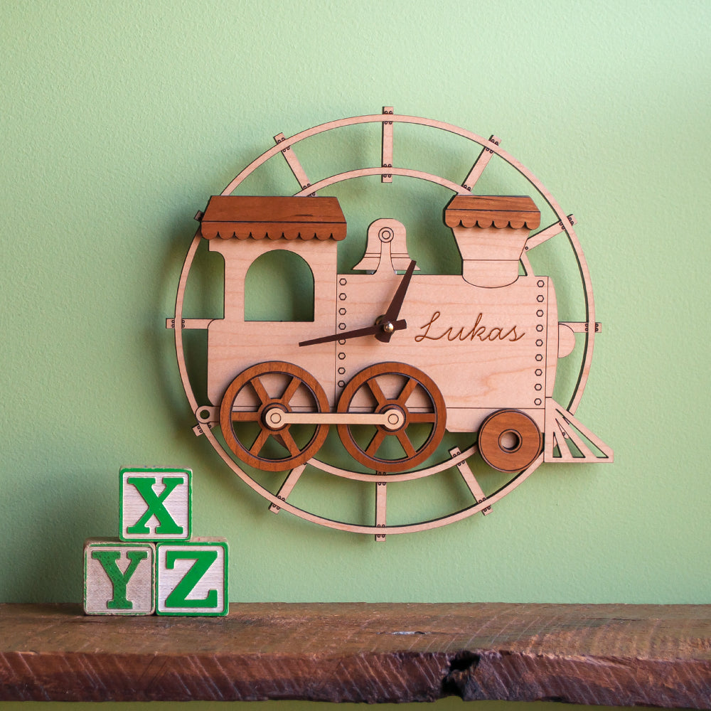 Wooden Train Nursery Wall Clock, Personalized, Chocolate Hands.