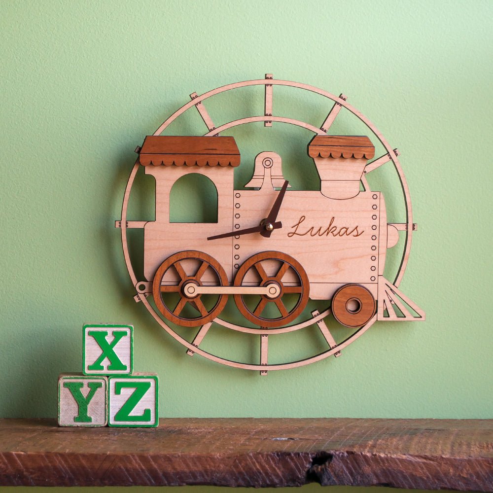 Wall Clock - Train (Personalized, Wood) Light Maple and Dark Cherry - White Hands - Graphic Spaces