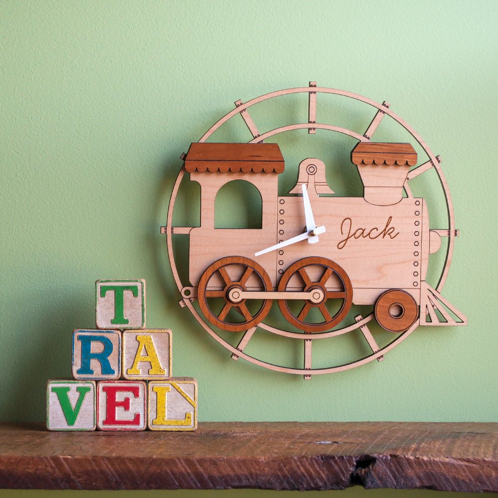 Wall Clock - Train (Personalized, Wood) Light Maple and Dark Cherry - White Hands - Graphic Spaces