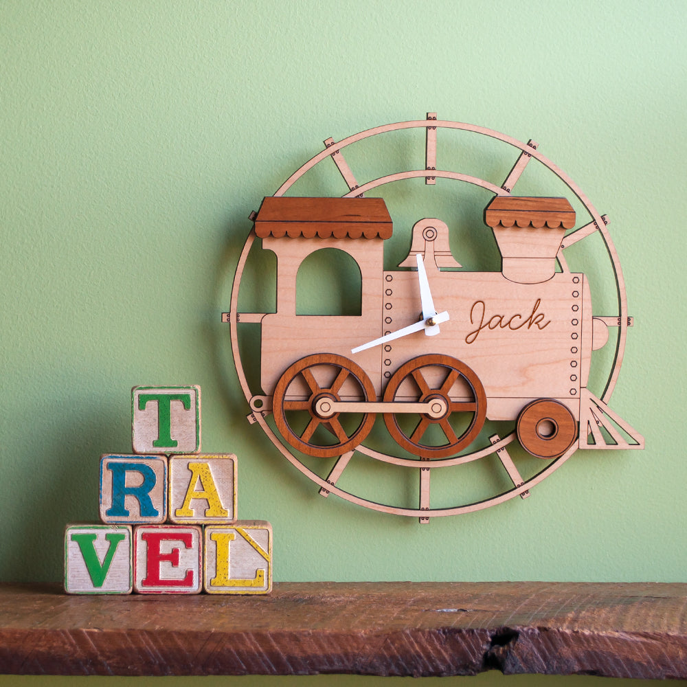 Wooden Train Nursery Wall Clock, Personalized, White Hands.