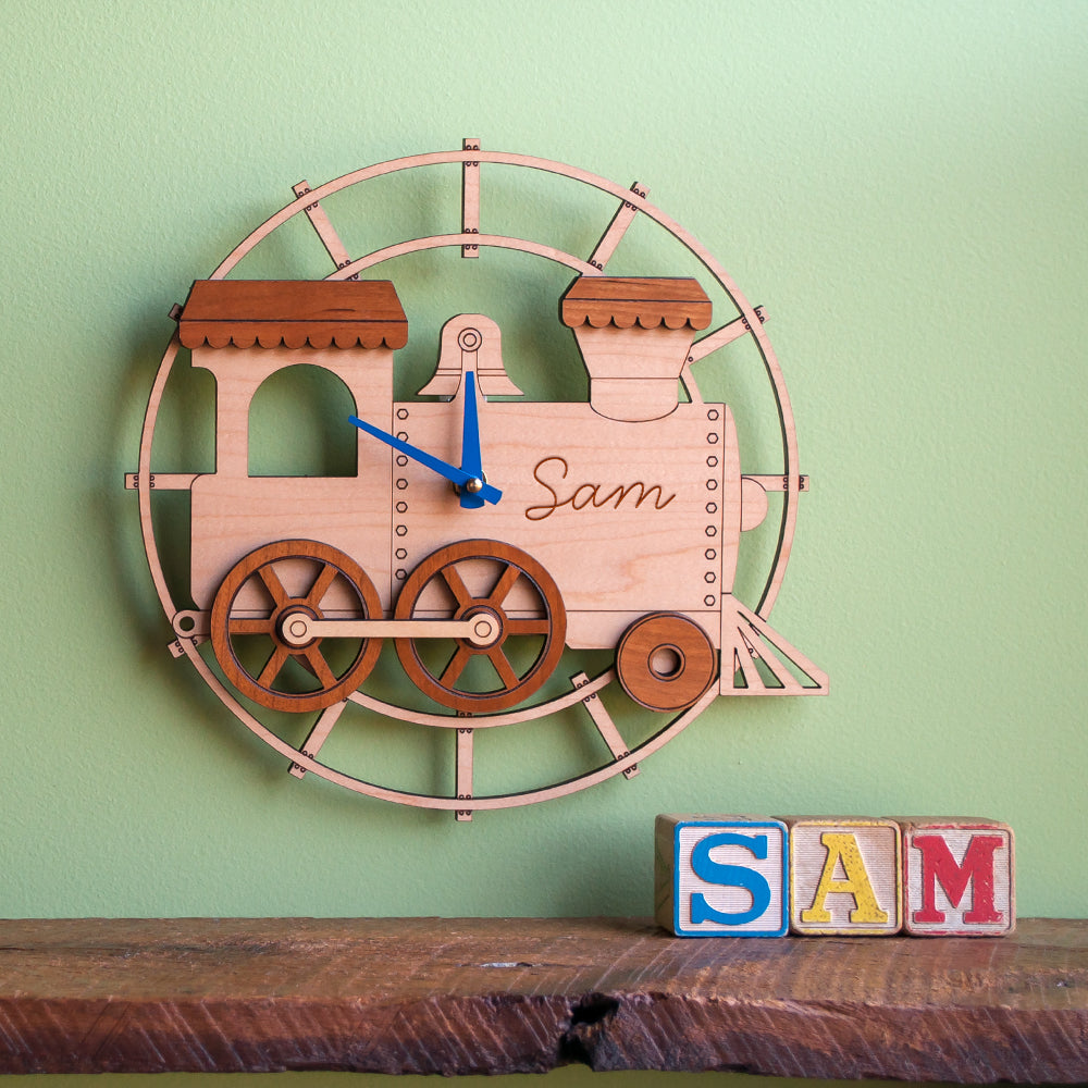 Wooden Train Nursery Wall Clock, Personalized, Blue Hands.