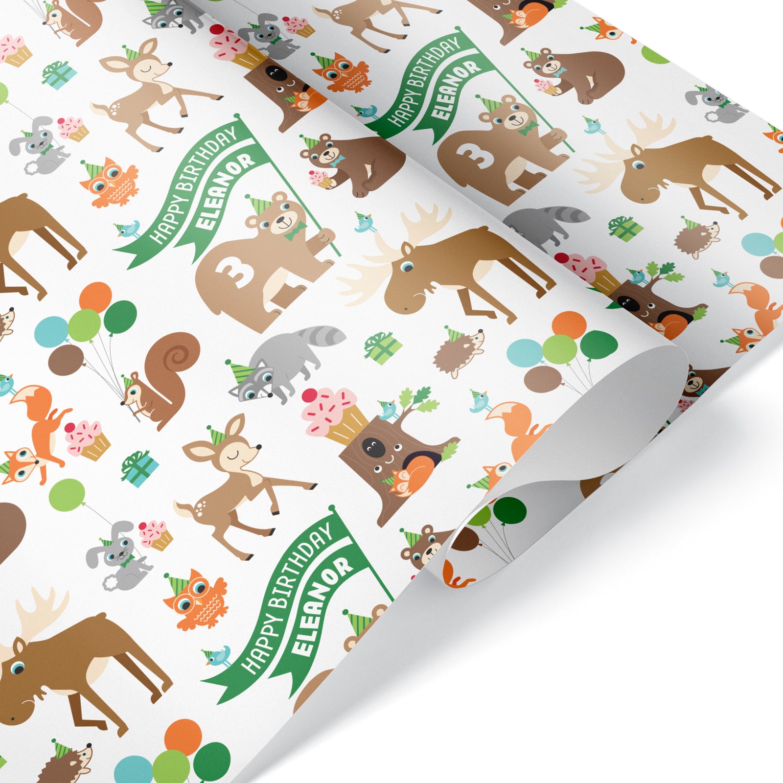 Kids Wrapping Paper - Woodland Birthday (Personalized, White) - Graphic Spaces