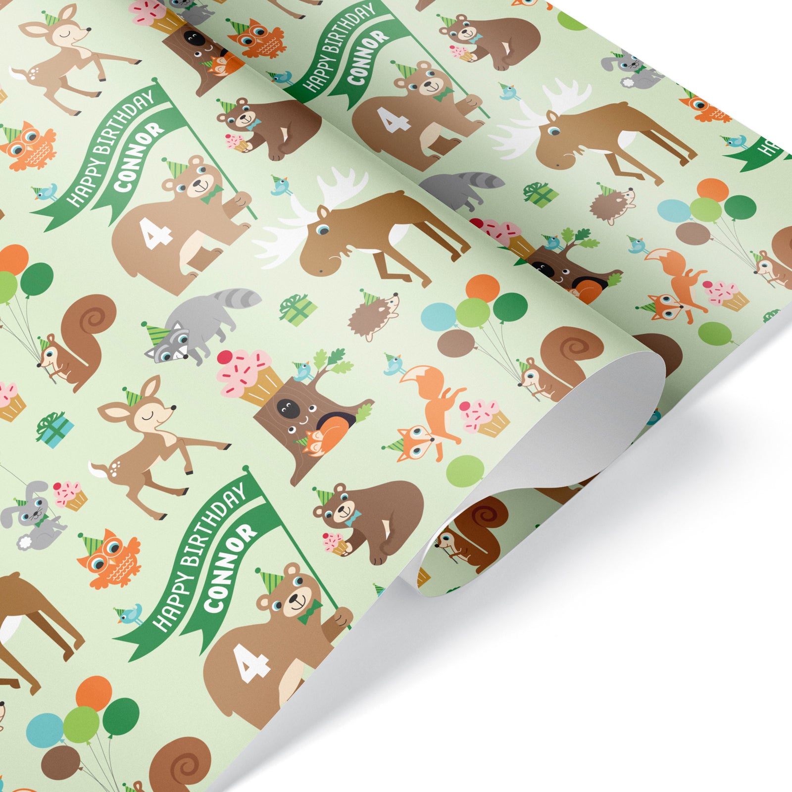 Kids Wrapping Paper - Woodland Birthday (Personalized, Green) - Graphic Spaces