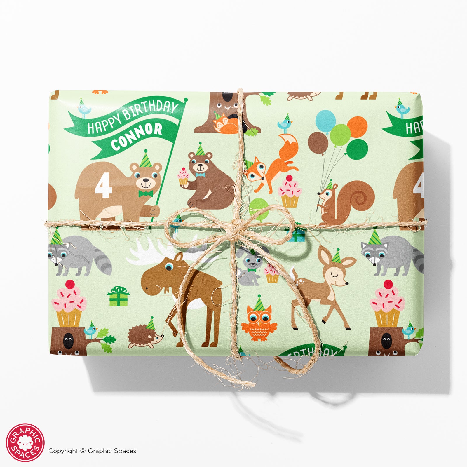 Kids Wrapping Paper - Woodland Birthday (Personalized, Green) - Graphic Spaces