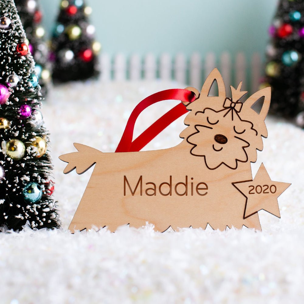 Dog Christmas Ornament - Yorkshire Terrier (Personalized, Wood) - Light Maple - Graphic Spaces