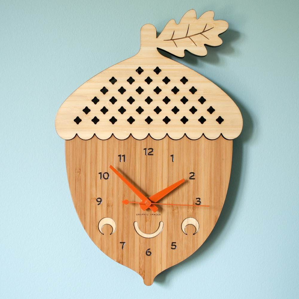 Happy Acorn Bamboo Wall Clock woodland animal decor handmade by Graphic Spaces