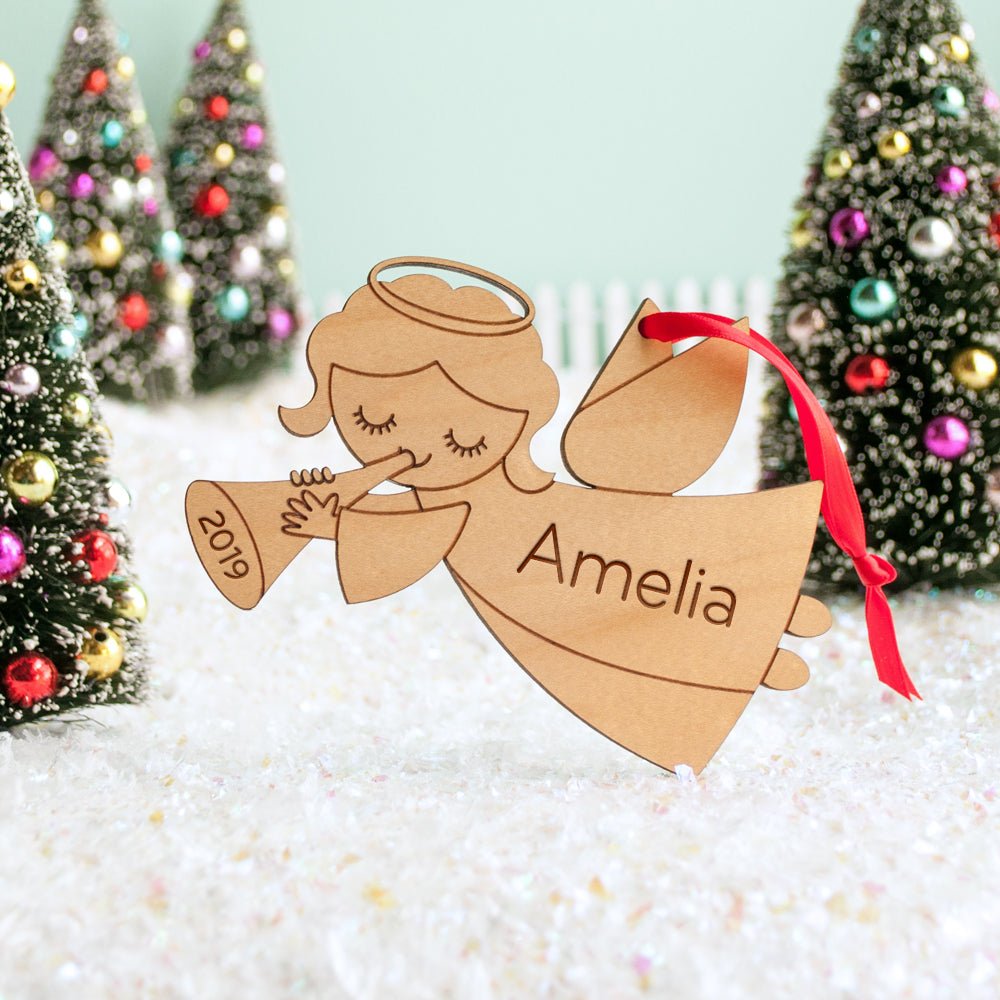 Kids Christmas Ornament - Angel (Personalized, Wood) Light Maple - Graphic Spaces