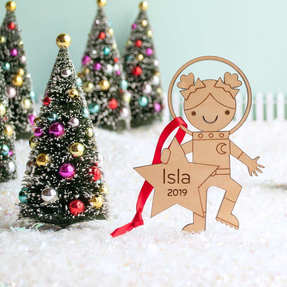 Kids Christmas Ornament - Astronaut (Personalized, Girl, Wood) Light Maple - Graphic Spaces