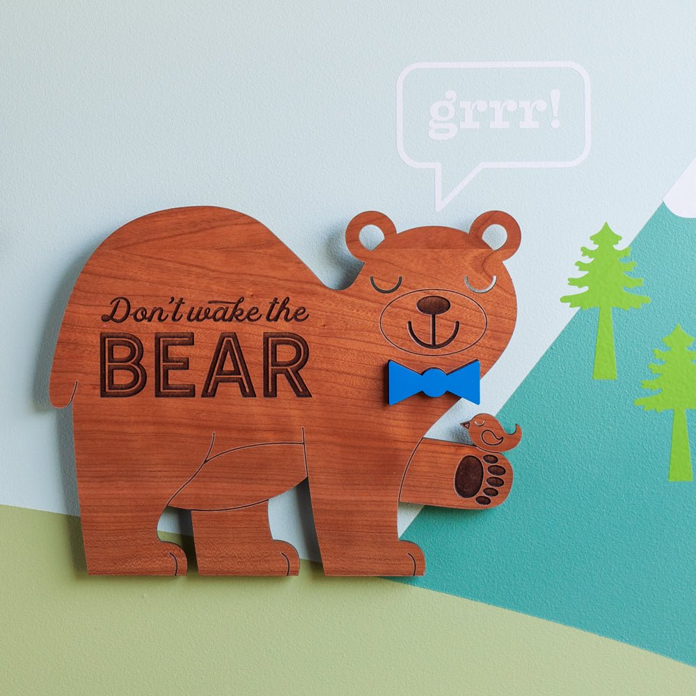 Wall Art - Don't Wake the Bear (Wood) Cherry with color choice bowtie - Graphic Spaces